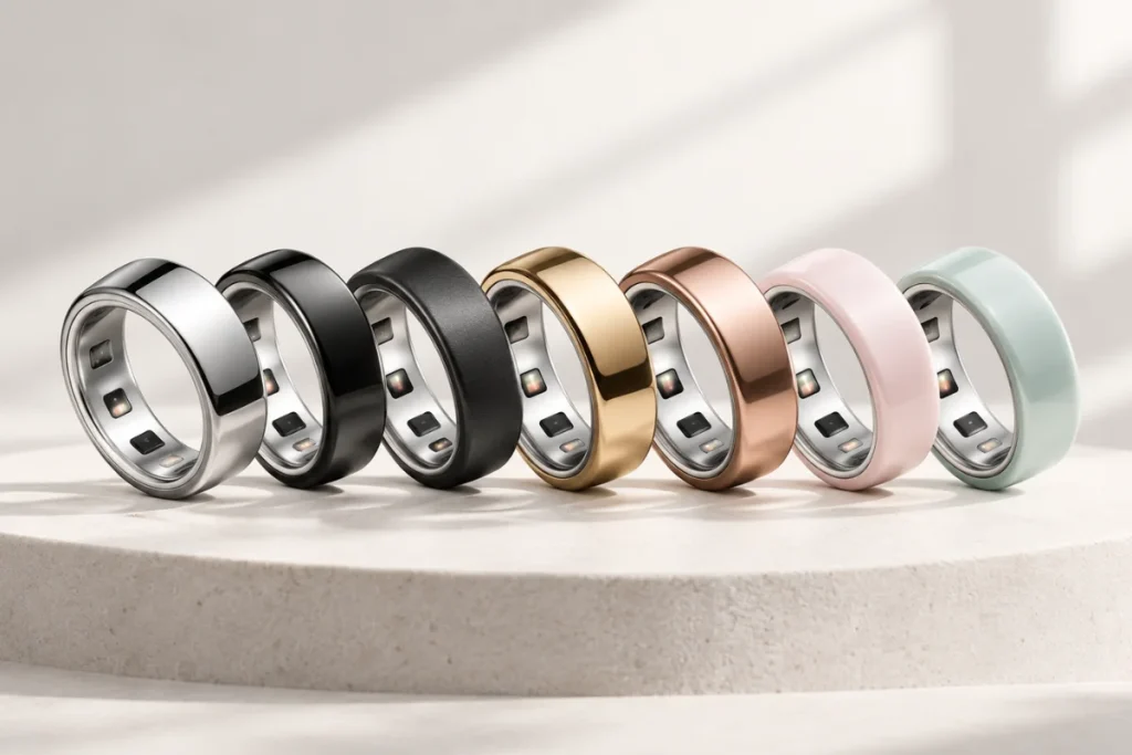 Oura Ring 4 у різних кольорах на світлому фоні
