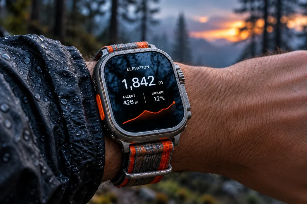 Чоловік дивиться на Apple Watch Ultra 4 в горах