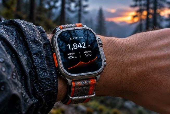 Чоловік дивиться на Apple Watch Ultra 4 в горах