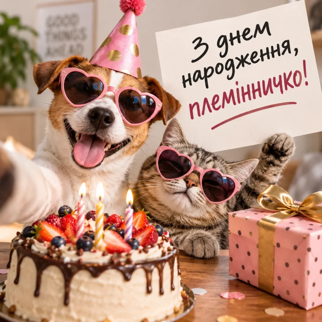 прикольна картинка з котом, собакою та тортом для племінниці 
