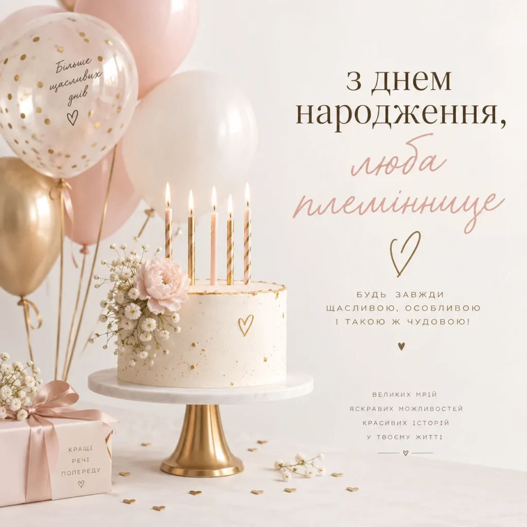 Святкова листівка з тортом і кульками для племінниці